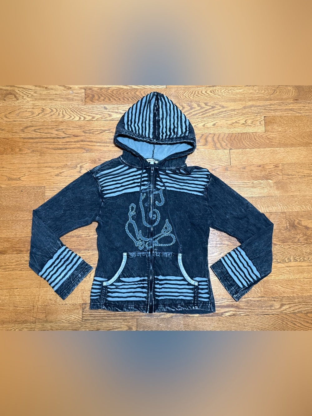 Yak N Yeti Ganesha Embroidered Hoodie Mineral Wash Boho Festival Full Zip-Small
